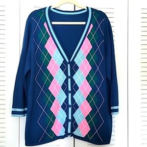 Liz Claiborne Button-Down Argyle  V-Neck Cardigan EUC
